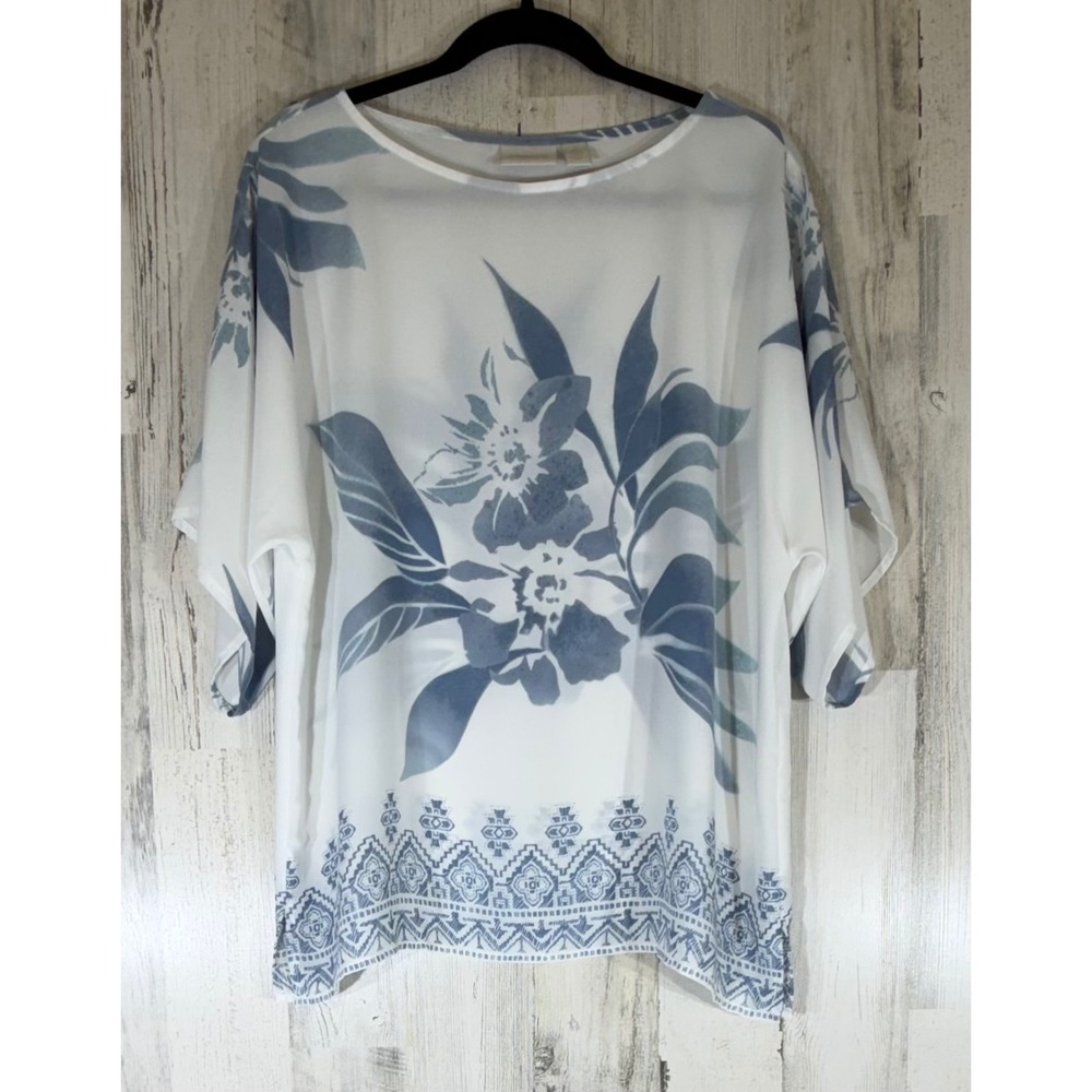 Chicos Tunic Blouse Size 2 or Large White Blue Floral Geometric Tropical Flowy